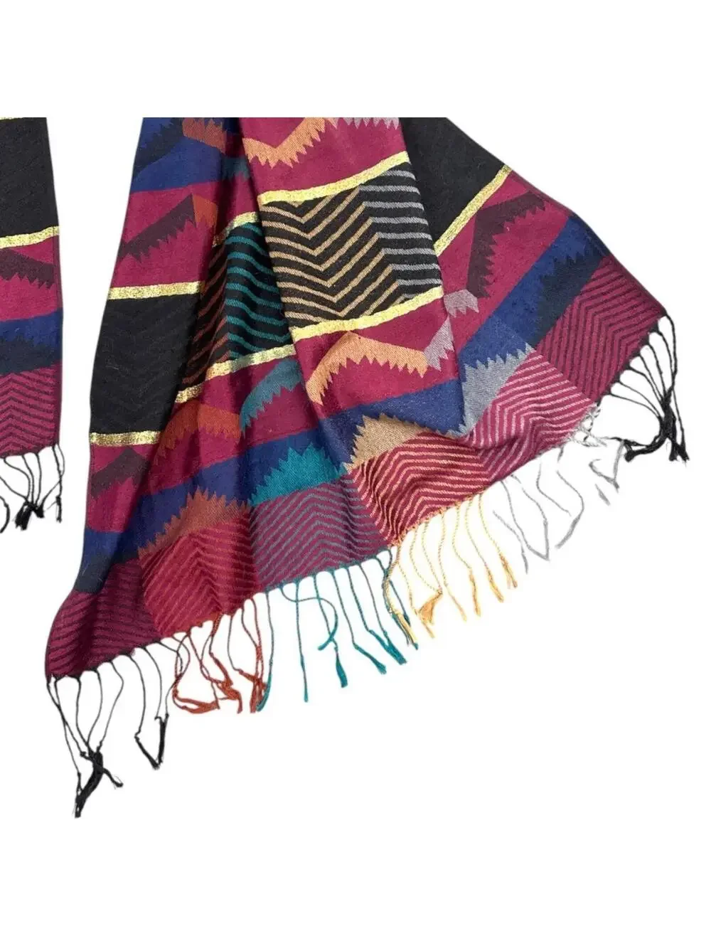 Colorful Geometric Patterned Scarf with Fringe